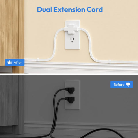 Double Split Extension Cord 12 Foot Dual Power Cable Featuring A Low Profile Flat Plug Build Perfect For Bedside Desks And Tight Living Areas with clean installation.