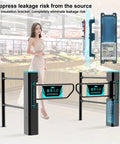 Smart Swing Gate With Voice Announcements And Automatic Access Control For Clear Hands Free Entry After Verification Boss Level Security And Easy Install With Expansion Bolts Ideal For Office Lobby Warehouse And Commercial Premises. Two-lane entrance gate in supermarket