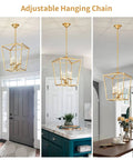 Vintage Lantern Pendant Light 4 Light Chandelier in gold with adjustable chain for kitchen, entryway, dining room decor.
