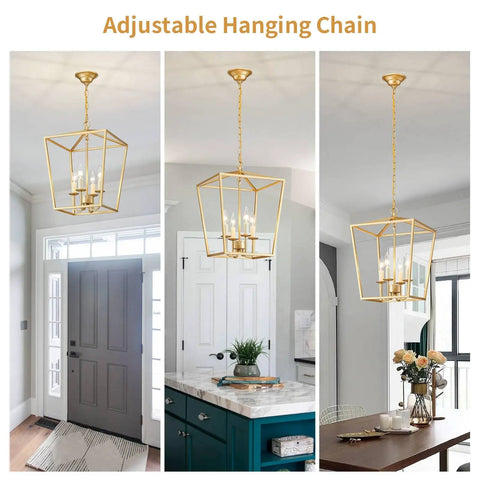 Vintage Lantern Pendant Light 4 Light Chandelier in gold with adjustable chain for kitchen, entryway, dining room decor.