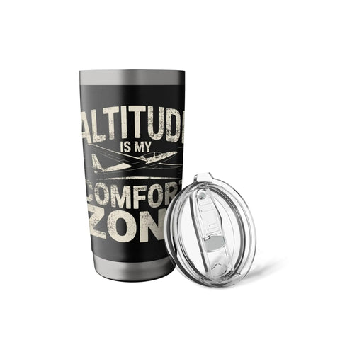 Front view of black Glider Pilot Insulated Stainless Steel Tumbler with text 'Altitude is My Comfort Zone' and transparent lid.