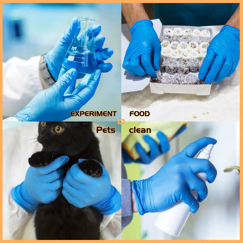 Powder Free Nitrile Disposable Gloves 4 Mil Thick Large 100 Count Latex Free Dark Blue Exam Gloves For Medical Lab Work Food Handling Comfortable Fit Tear Resistant With Bare Hand Feel Silicone Free being used in labs, food handling, pet care, and cleaning.