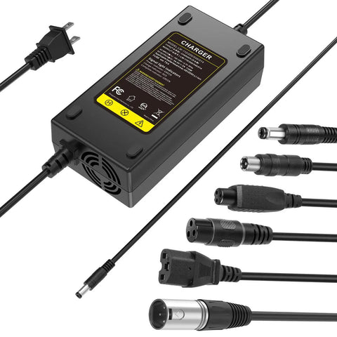 Seven In One Universal 54.6V 2A Ebike Charger For 48V Li Ion 13S Batteries shown with 7 interchangeable charging heads
