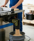 Table Saw Dust Collector Adapter 2.5 Inch Dust Port Connector With Tool Free Installation and Dual Dust Bag Hooks in use