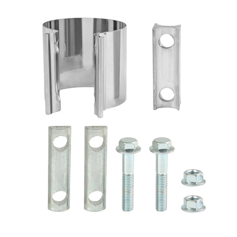 Two Pack Four Inch Exhaust Clamps For Stainless Steel Exhaust Piping Band Pipe Clamp Butt Joint Connection 4 Inch To 4 Inch OD With Zinc Plated Bolts Aluminum I Block 2 Pieces showing components