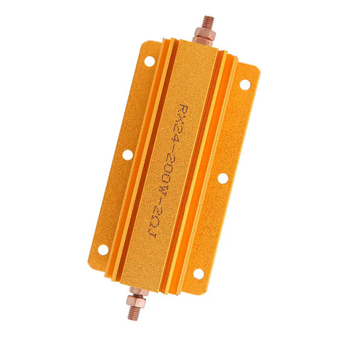 Beefed Up 200W 2 Ohm High Power Resistor With Aluminum Housing And Mounting Holes For Industrial Power Supplies, Sensors, Elevator, And Audio Equipment Applications With Superior Heat Dissipation. Gold aluminum resistor with mounting holes