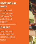 Professional grade tools with emphasis on durability and reliability, highlighted with job site worker using equipment outdoors.