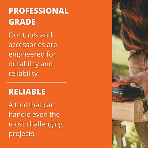 Professional grade tools with emphasis on durability and reliability, highlighted with job site worker using equipment outdoors.