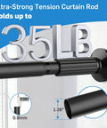 Extra Long Tension Curtain Rod For Patio Windows No Drill Dual-End Adjustable Spring Rod Outdoor Ready And Rust-Proof Easy Install 51 To 166 Inch Reach 1.26 Inch Diameter Black, shown holding 35 lbs with 0.9mm wall thickness.