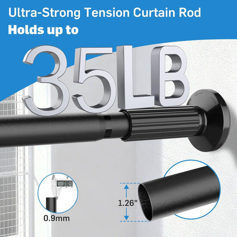 Extra Long Tension Curtain Rod For Patio Windows No Drill Dual-End Adjustable Spring Rod Outdoor Ready And Rust-Proof Easy Install 51 To 166 Inch Reach 1.26 Inch Diameter Black, shown holding 35 lbs with 0.9mm wall thickness.