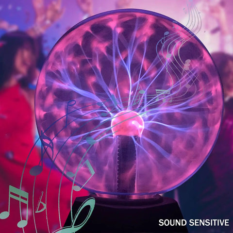 8 Inch Plasma Ball Light Lamp with Touch and Sound Sensitivity, lit globe sending electric streams with musical notes in background.