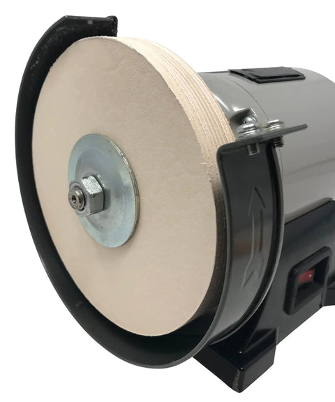 Leather Honing Wheel For 6 Inch Bench Grinders And Polishers, Durable Stacked Leather Buff Wheel 3/4 Inch Thick attached to grinder