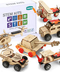 Wooden STEM Kits For Kids Aged 8 To 12 Six Build Your Own Car And Science Projects Pack With 4WD, tank, biplane, helicopter, box.
