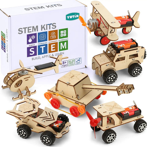 Wooden STEM Kits For Kids Aged 8 To 12 Six Build Your Own Car And Science Projects Pack With 4WD, tank, biplane, helicopter, box.
