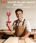 Man holding All In One Router Jig And Circle Cutting Guide For Woodworking 4 In 1 Milling Groove Bracket in workshop