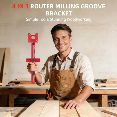Man holding All In One Router Jig And Circle Cutting Guide For Woodworking 4 In 1 Milling Groove Bracket in workshop