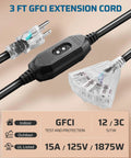 Outdoor GFCI Extension Cord 3 Ft 12 Gauge 3 Conductor Beefy Heavy Duty Power Cable With LED Lighted 3 Prong Plug 15A 125V UL Listed
