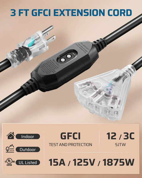 Outdoor GFCI Extension Cord 3 Ft 12 Gauge 3 Conductor Beefy Heavy Duty Power Cable With LED Lighted 3 Prong Plug 15A 125V UL Listed