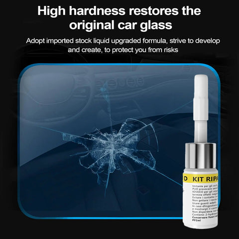 Auto Glass Windshield Chip And Crack Repair Kit With Repair Fluid in action, close-up of fluid applicator on cracked glass display