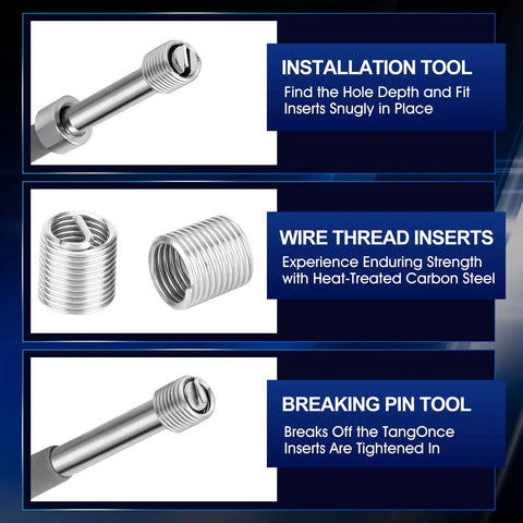 Components of Stainless Steel M7x1 Thread Repair Kit With Twisted Drill And Insertion Tool Twenty Five Piece Set shown