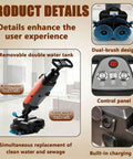 Industrial Commercial 2-in-1 Floor Polisher And Sweeper Self-Propelled With 360-Degree Rotating Head, showcasing dual brush design and removable water tanks.