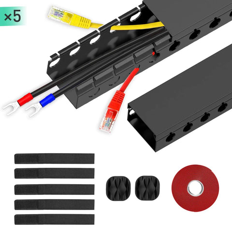 Updated Open Slot Cable Raceway Kit with five 77 inch wire covers for under desk cable management, cables inserted, pack of 5 components shown.