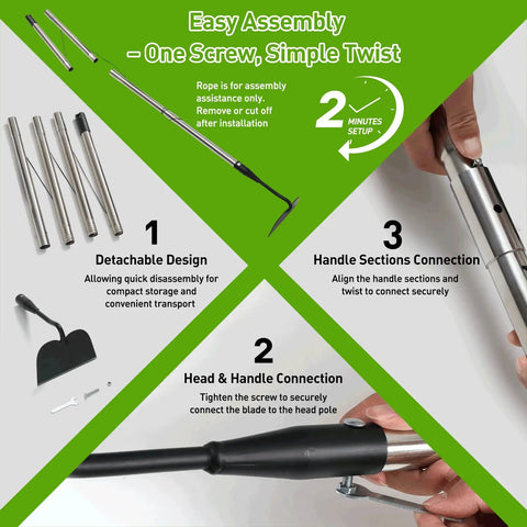 Easy assembly steps for Heavy Duty Garden Draw Hoe With 60 Inch Handle For Easy Weeding And Tilling Stand Up Garden Tool.