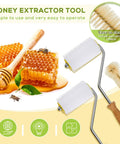 Set Of 3 Uncapping Needle Rollers For Honey Extraction Beekeeping Gear With Cleaning Brush next to honeycomb and dipper