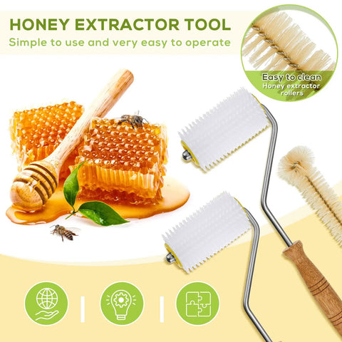 Set Of 3 Uncapping Needle Rollers For Honey Extraction Beekeeping Gear With Cleaning Brush next to honeycomb and dipper