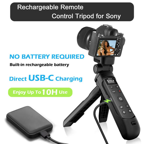 Vlogging Hand Grip Tripod With OLED Rechargeable Wireless Cam Remote For A7 IV, USB-C charging, Sony control shown.