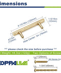 Solid Brass Kitchen Cabinet Pulls Set of 6 in Polished Gold with Hammered T-Bar Handles, dimensions and screw options shown
