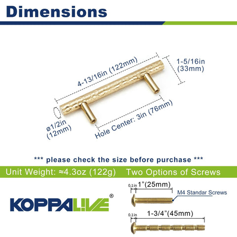 Solid Brass Kitchen Cabinet Pulls Set of 6 in Polished Gold with Hammered T-Bar Handles, dimensions and screw options shown