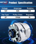 One Wire GM Alternator 63A Self Exciting 10SI Style Replacement For Chevy GMC Buick Pontiac Cars with specifications displayed