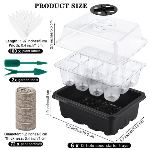 Six Pack Seed Starter Tray Kit With Humidity Dome And Base 12 Cell Germination Trays Peat Pellets Plant Labels Tools Indoor Outdoor Black