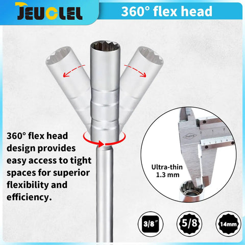 Magnetic Swivel Spark Plug Socket Set 3/8 Inch Drive 12 Point With Extension Kit Includes 14mm Four Inch Thin Wall 9/16 Inch Six Inch And 5/8 Inch Ten Inch Extensions For Quick Auto Fixes, 360° flex head