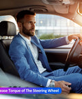 Steering wheel spinner knob accessory; front view of a man in a blue suit driving a car, 2-pack.