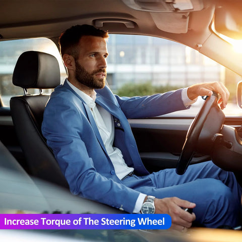 Steering wheel spinner knob accessory; front view of a man in a blue suit driving a car, 2-pack.