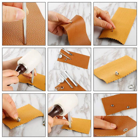 400 Piece Leather Fasteners Kit With Rivets, Eyelets, Grommets, Snaps And Binding Screws, Includes Fixing Tools For Thin Leather, Jackets And Jeans DIY Projects in use on fabric squares.