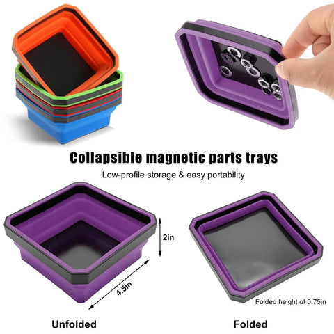 Collapsible Magnetic Parts Tray 4.5 Inch Square Silicone Tool Tray With Double Sided Magnetic Base For Screws Nuts Bolts Pins Car Accessories Purple For Pros And DIYers
