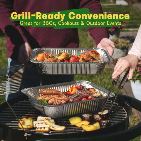 Heavy Duty 9x13 Aluminum Pans With Lids, 25 Pack Disposable Foil Bakeware used for grilling vegetables and meats outdoors