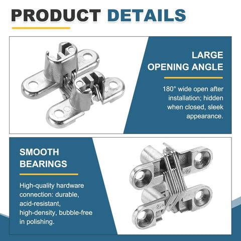 Slick Hidden Cabinet Door Hinge Set Of Three With Screws 180 Degree Cross Mount Invisible Overlay hardware showing smooth bearings and opening angle.