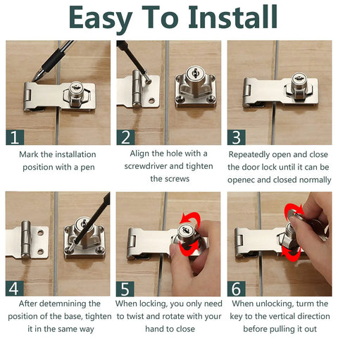 Step-by-step installation guide for Keyed Alike 4 Inch Hasp Locks 2 Pack With Twist Knob Key Locking Hasp Stainless Steel Cabinet And Door Catch Lock For Home Office Use Easy To Install No Fuss Setup Keys Open Both Locks Durable Heavy Duty Security Silver, focusing on marking, aligning, and securing with a screwdriver