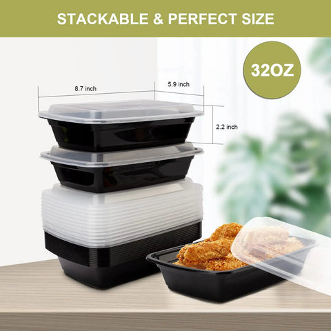 Stacked 50 Pack 32oz Meal Prep Containers With Leakproof Lids BPA-Free Plastic Food Storage Reusable To Go Boxes with chicken
