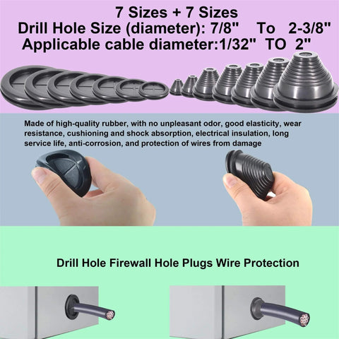 Rubber Grommets Wire Protection 28 Pcs Set Featuring Tower Type And Flat Type Firewall Hole Plugs displayed with cable installation
