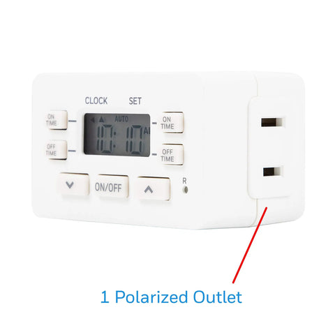 Close-up of 24 Hour Digital Plug Timer with One Polarized Outlet No Fuss Two Programmable On Off Cycles for Lamps and Indoor Lighting 125VAC