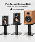 Three speakers on heavy duty steel desktop speaker stands pair for 5 to 8 inch bookshelf speakers and studio monitors.