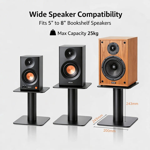 Three speakers on heavy duty steel desktop speaker stands pair for 5 to 8 inch bookshelf speakers and studio monitors.