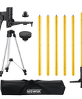 Built Like A Tank Telescoping Laser Level Stand With Hella Flexible 13.8 Foot Vertical Reach And Rock Solid Tripod Mount For No Sweat Setup On All Contractor Sites, components arranged on white background.