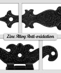 Detail of antique black Tee Strap Hinge Set heavy duty zinc alloy construction with decorative patterns for barn doors and gates.