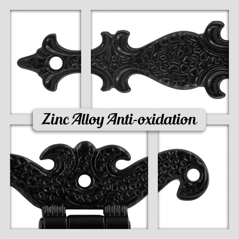 Detail of antique black Tee Strap Hinge Set heavy duty zinc alloy construction with decorative patterns for barn doors and gates.